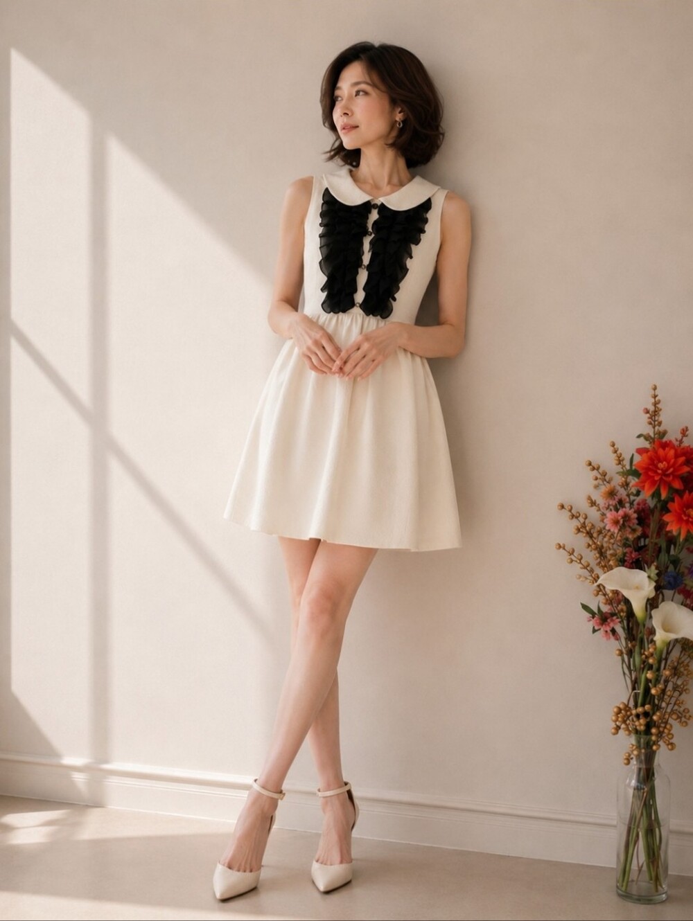 Kensie | Cream Fit & Flare Dress Black Frill Peter Pan Collar Sleeveless Mini - Picture 11 of 11